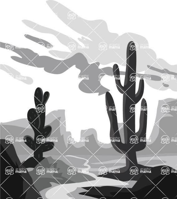 Vector silhouettes - Desert with Rocks and Cactuses Vector Silhouette